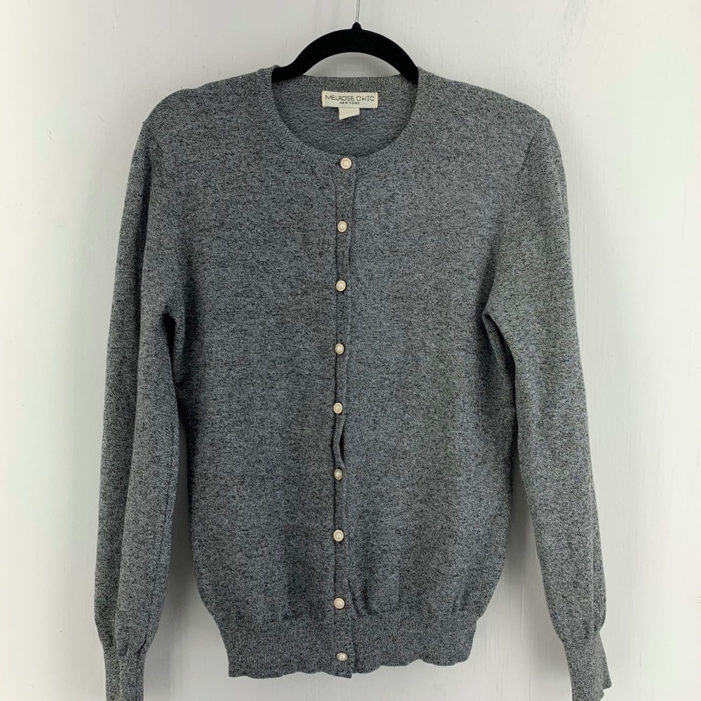 Dark Academia Preppy Minimalist Gray Marled Cardigan Faux Pearl Buttons Large